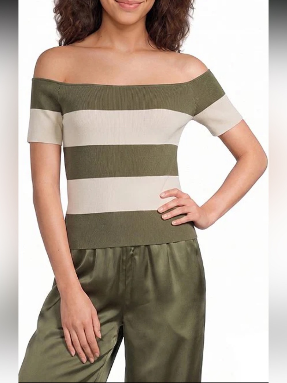 NWT🌷Lucy Paris Tina Striped Off-The-Shoulder Short Sleeve Ribbed Knit Top